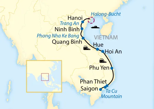 Karte der Reise von Hanoi über die Halong-Bucht mit dem SJourney bis Saigon